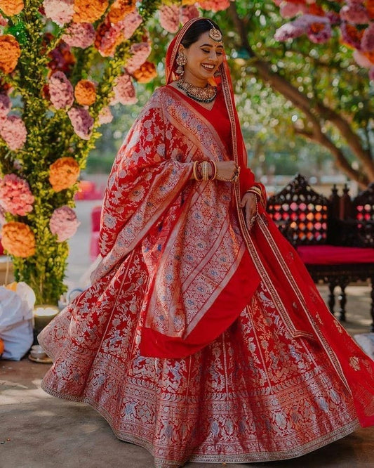 Red Weave Bridal Lehenga for Women