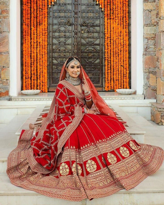 Red Rajputi Weave Bridal Lehenga for Women