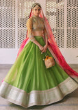 Brilliant green Net Embroidery Mehendi Lehenga for Girls