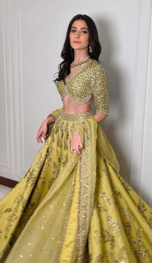 Olive Embroidered Sequence Lehenga for Mehendi ceremony