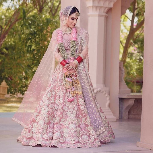 Powder Pink with Heavy thread work Lehenga for Engagement